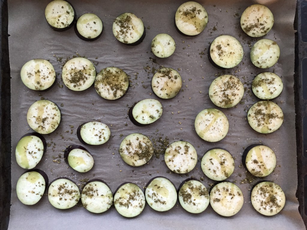 eggplant slices ready for the oven